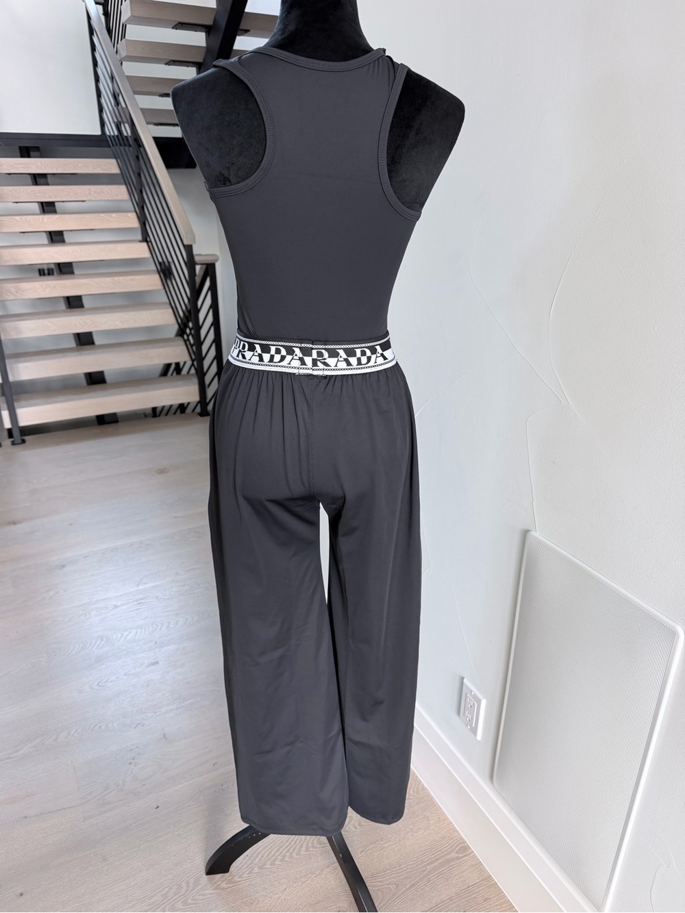 Prada Black Logo Tank Top with Wide Leg Pants Set with pockets Lounge Set size M - Picture 7 of 8